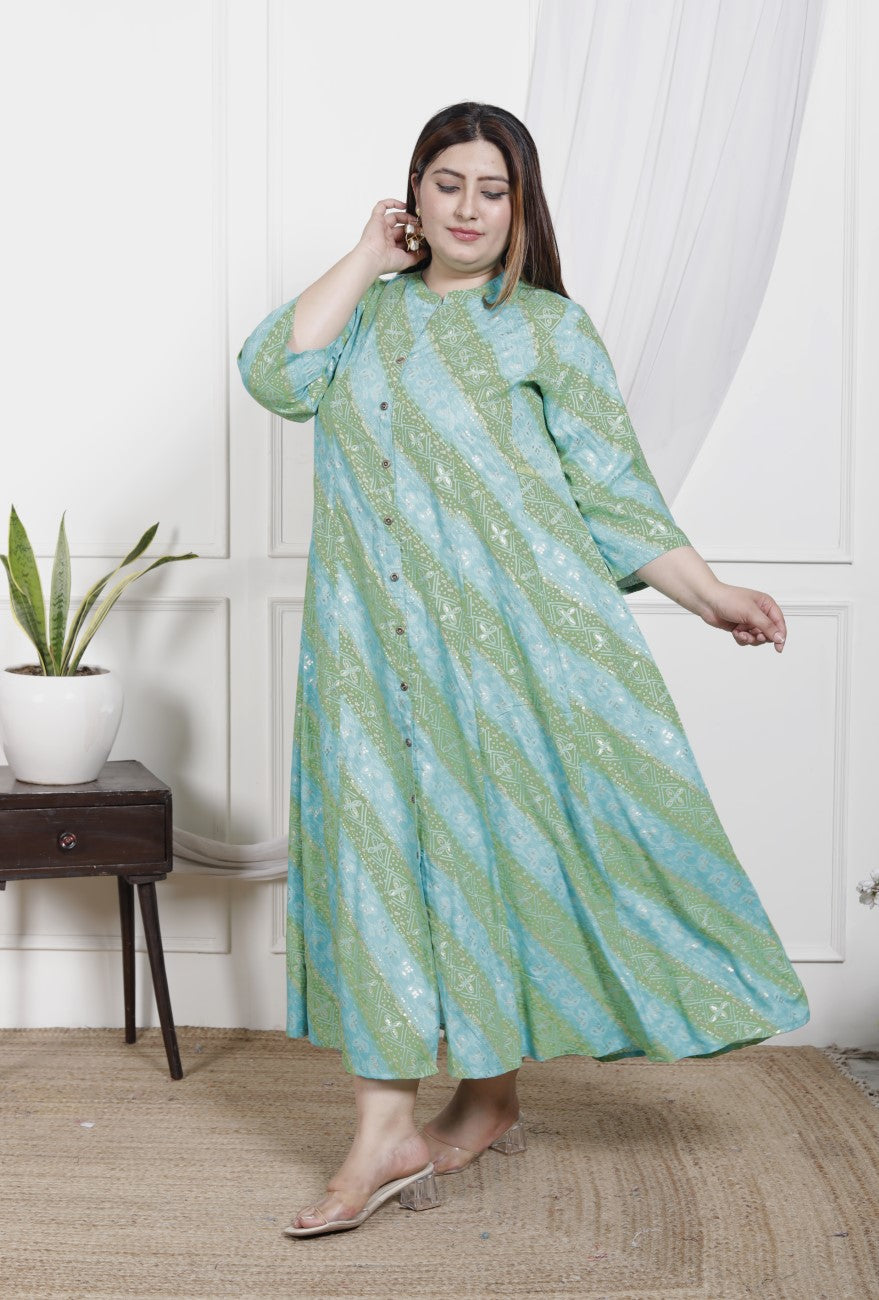 Plus Size Rama Green Cotton Blend  Goldn Print  Aline Kurta-4100044