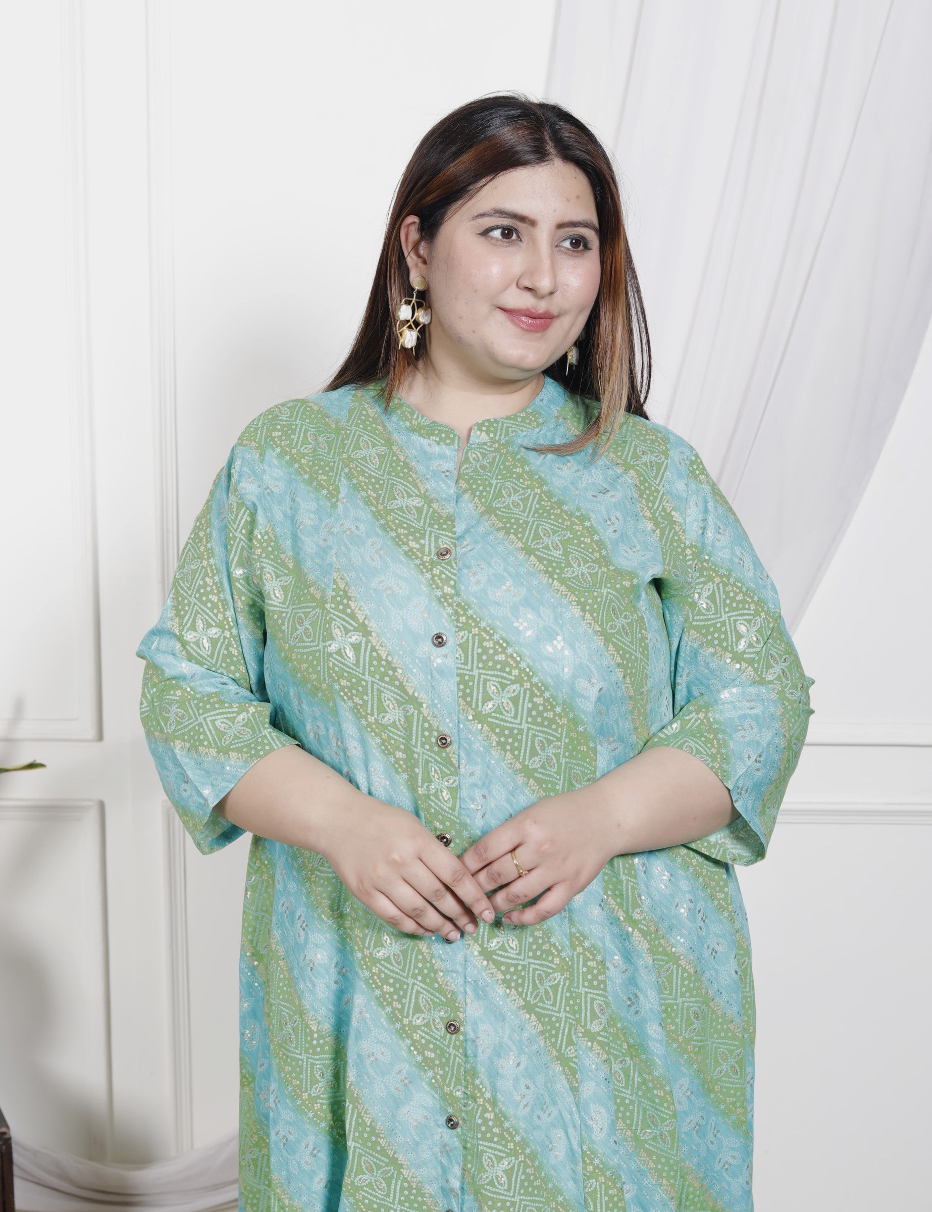 Plus Size Rama Green Cotton Blend  Goldn Print  Aline Kurta-4100044
