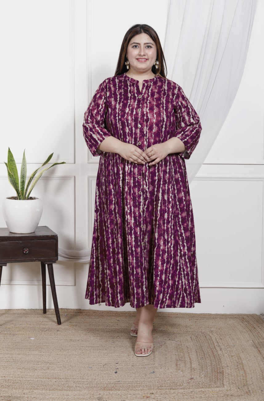 Plus Size Purple Cotton Blend  Goldn Print  Aline Kurta-4100045