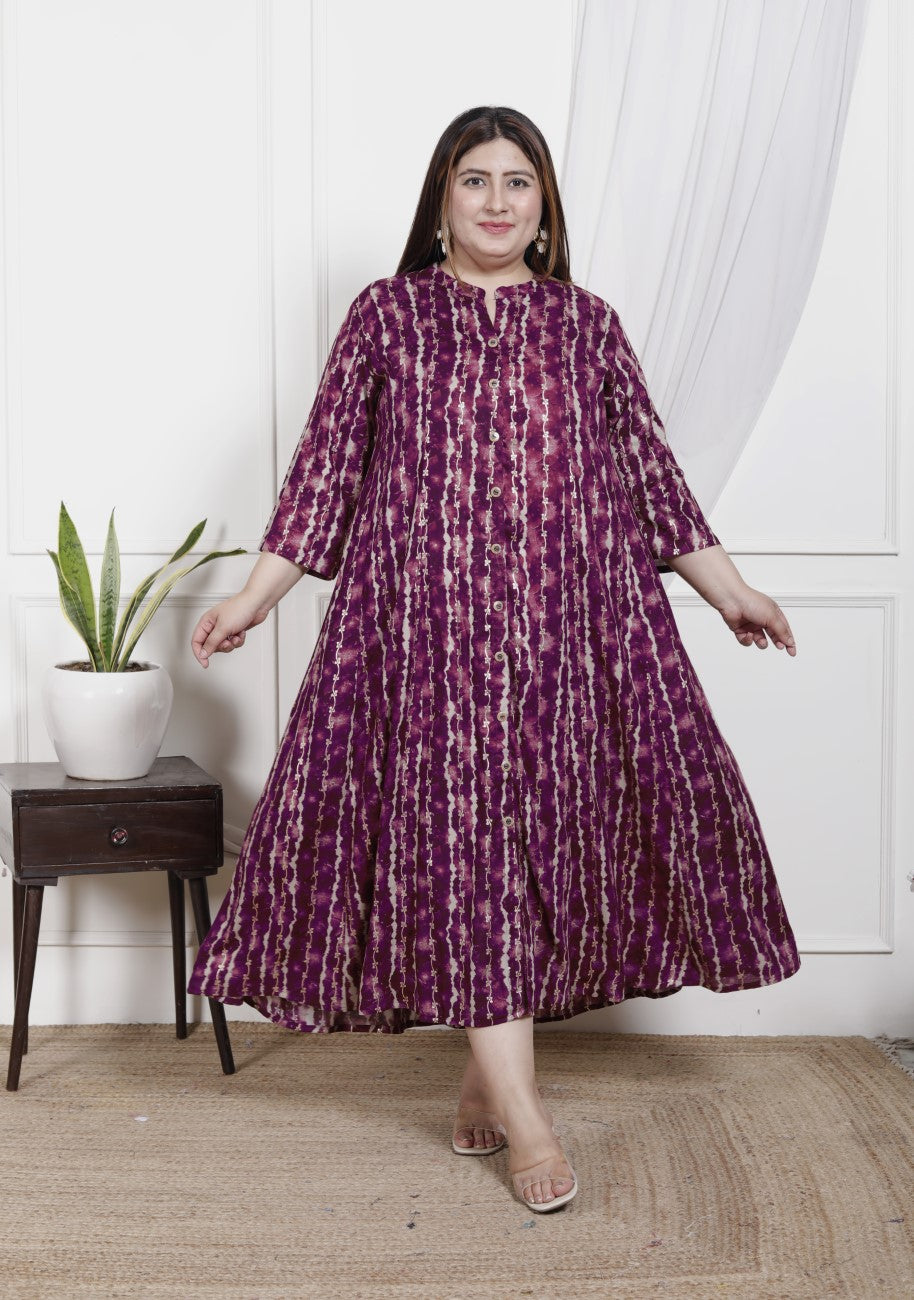 Plus Size Purple Cotton Blend  Goldn Print  Aline Kurta-4100045