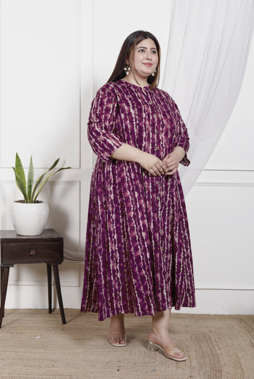Plus Size Purple Cotton Blend  Goldn Print  Aline Kurta-4100045