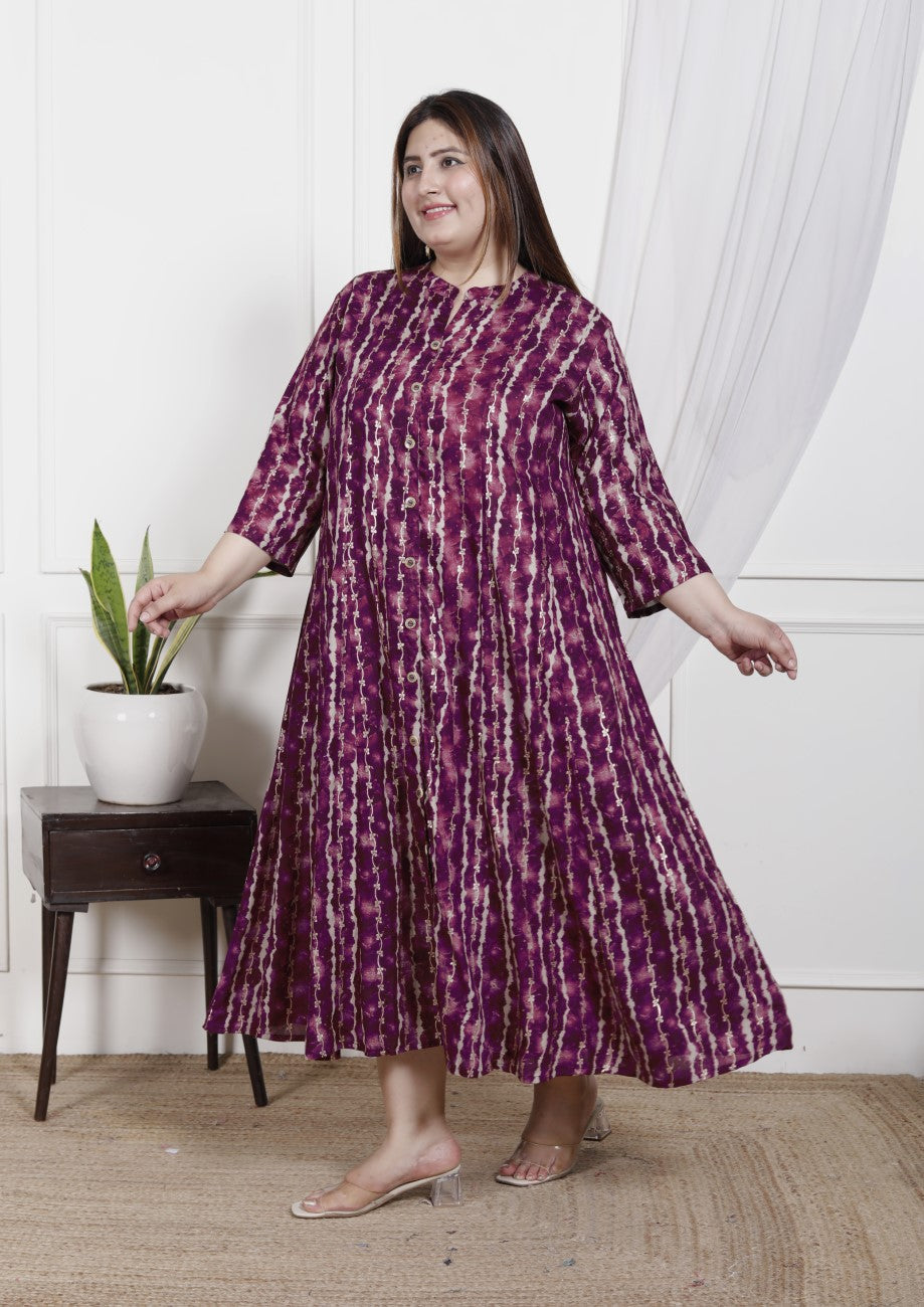 Plus Size Purple Cotton Blend  Goldn Print  Aline Kurta-4100045