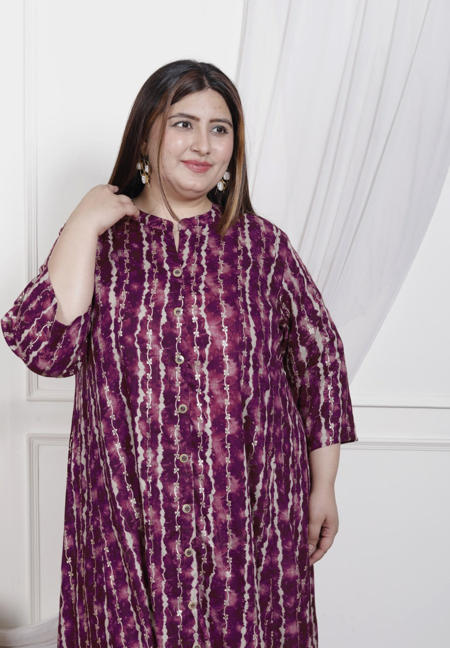 Plus Size Purple Cotton Blend  Goldn Print  Aline Kurta-4100045