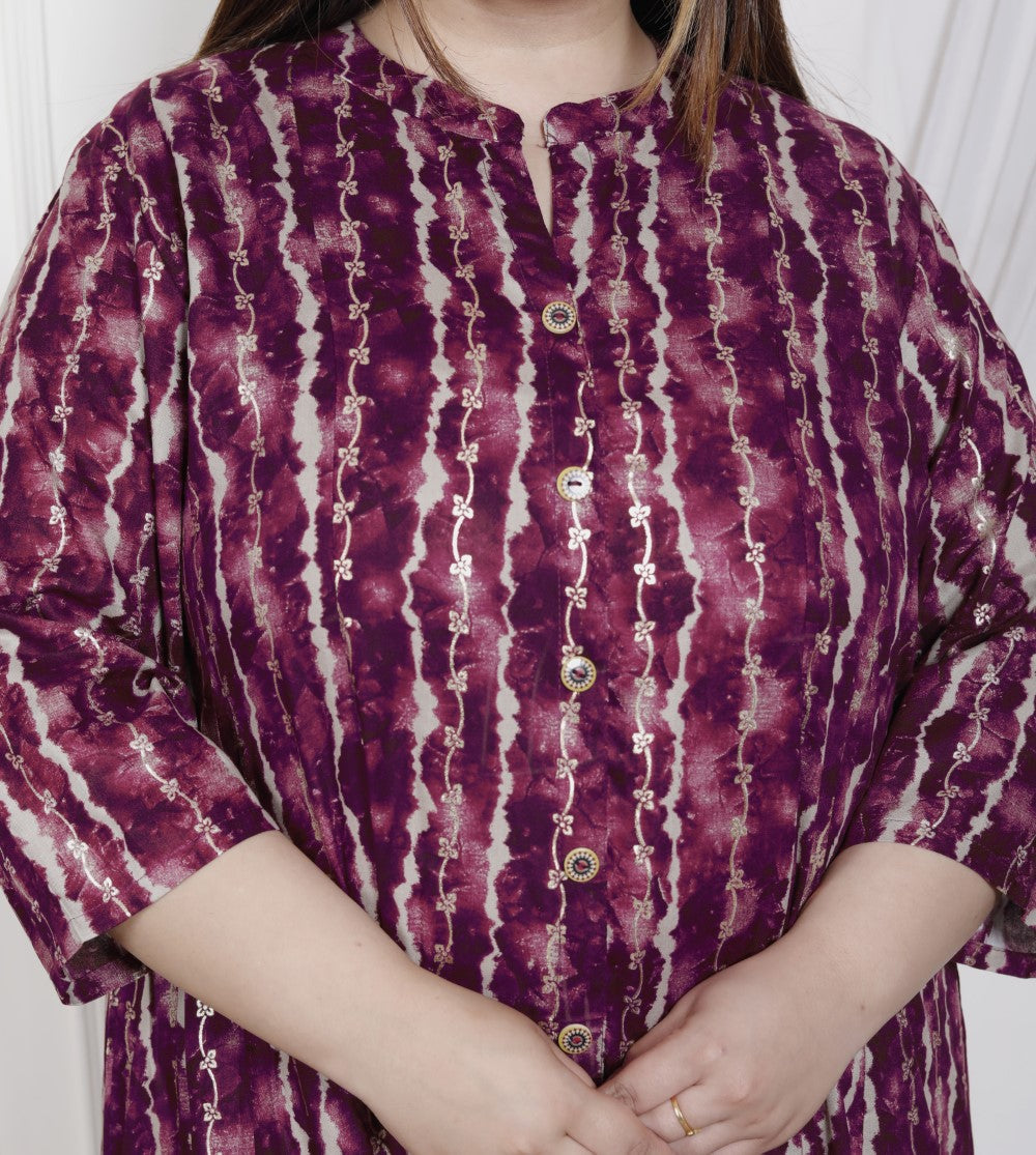 Plus Size Purple Cotton Blend  Goldn Print  Aline Kurta-4100045