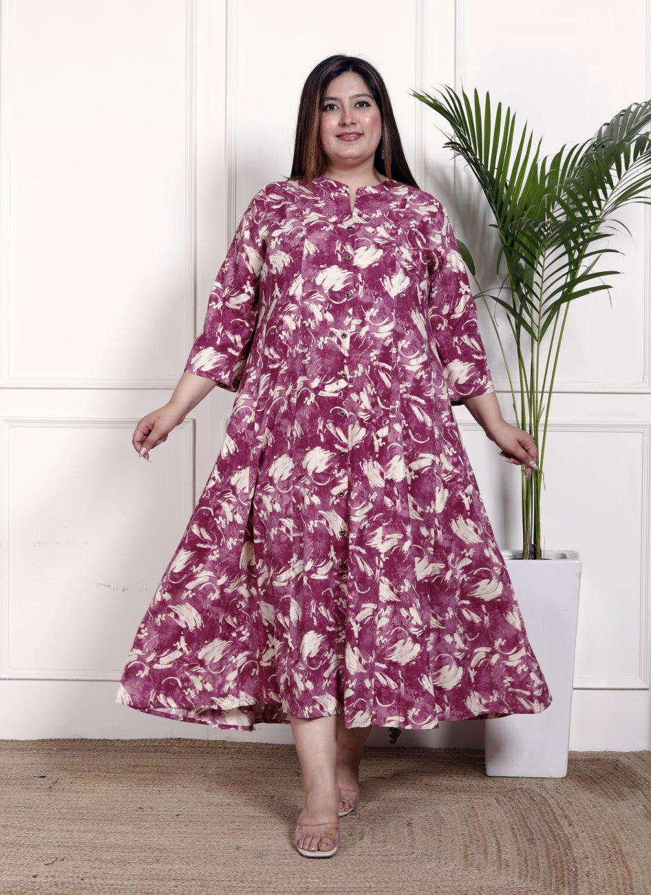 Plus Size Purple Cotton Blend  Goldn Print  Aline Kurta-4100049