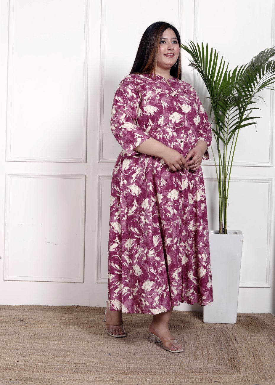 Plus Size Purple Cotton Blend  Goldn Print  Aline Kurta-4100049