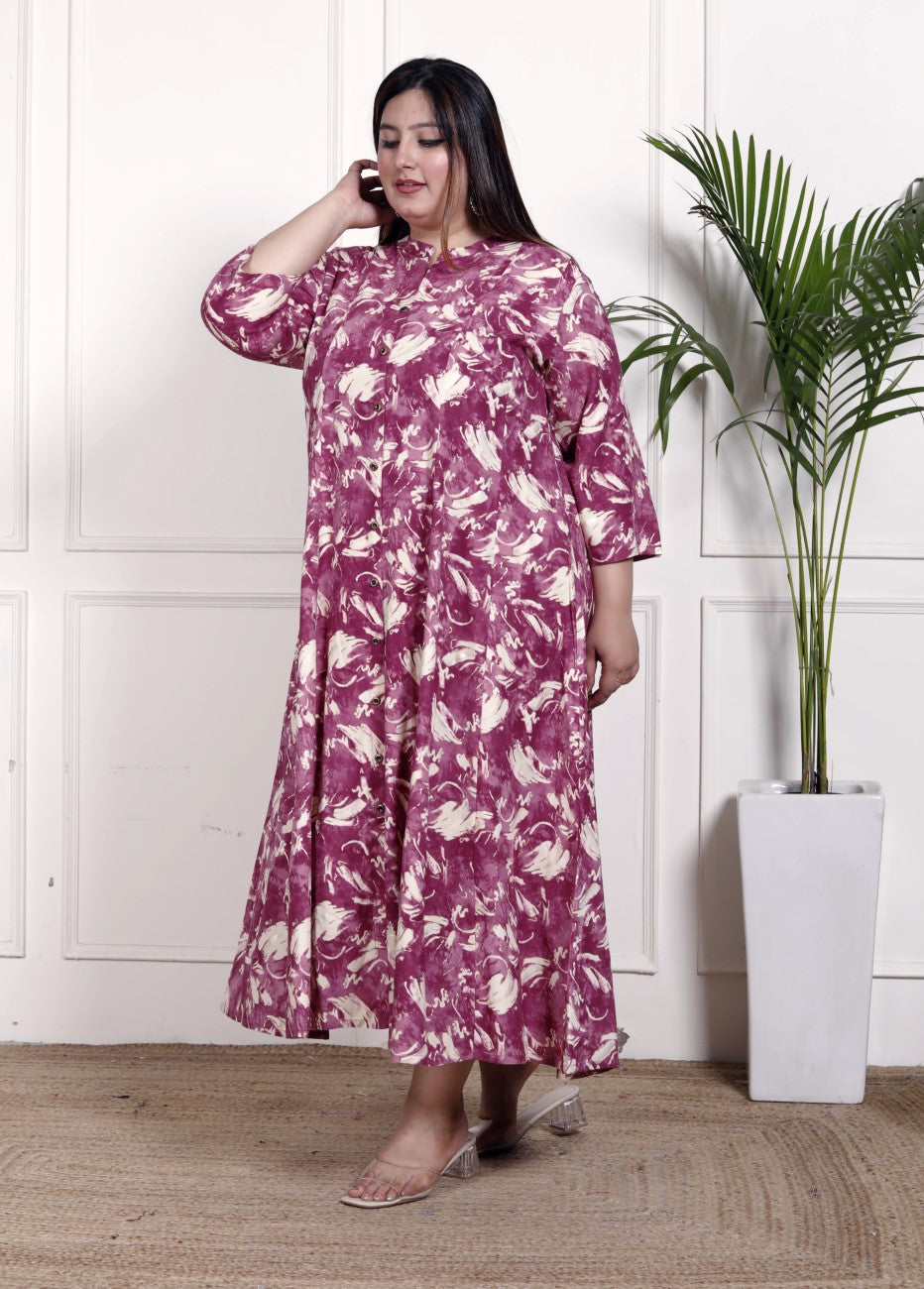 Plus Size Purple Cotton Blend  Goldn Print  Aline Kurta-4100049