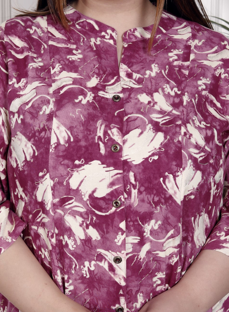 Plus Size Purple Cotton Blend  Goldn Print  Aline Kurta-4100049