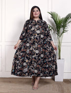 Plus Size Black Cotton Blend  Goldn Print  Aline Kurta-4100050