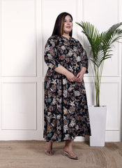 Plus Size Black Cotton Blend  Goldn Print  Aline Kurta-4100050