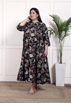 Plus Size Black Cotton Blend  Goldn Print  Aline Kurta-4100050