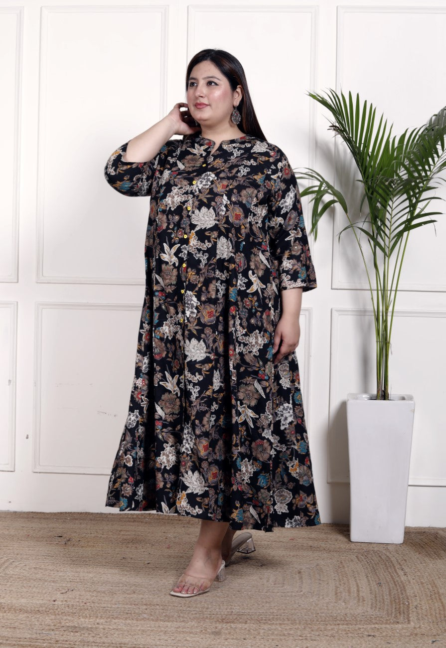 Plus Size Black Cotton Blend  Goldn Print  Aline Kurta-4100050