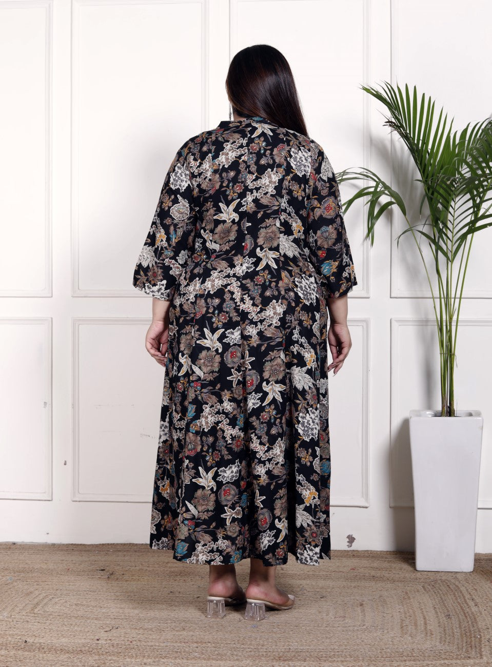 Plus Size Black Cotton Blend  Goldn Print  Aline Kurta-4100050