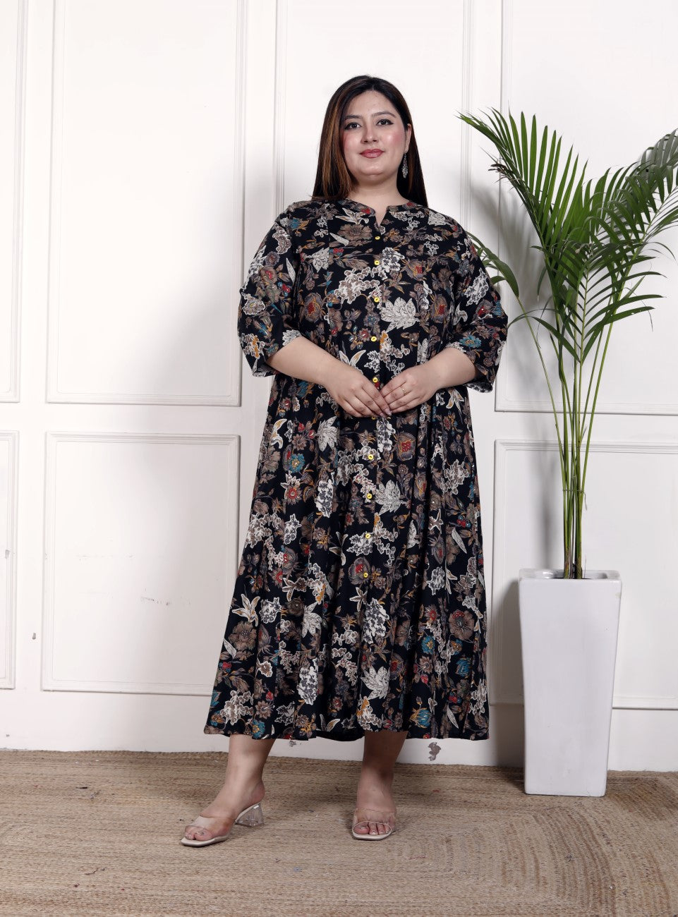 Plus Size Black Cotton Blend  Goldn Print  Aline Kurta-4100050
