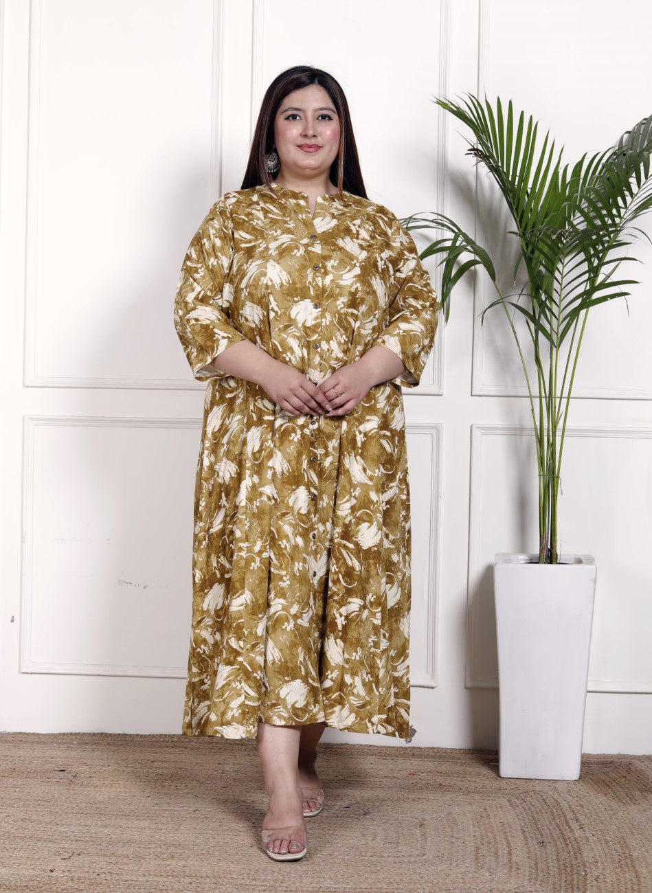 Plus Size Mustard Cotton Blend  Goldn Print  Aline Kurta-4100051 Secondary image