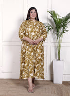 Plus Size Mustard Cotton Blend  Goldn Print  Aline Kurta-4100051
