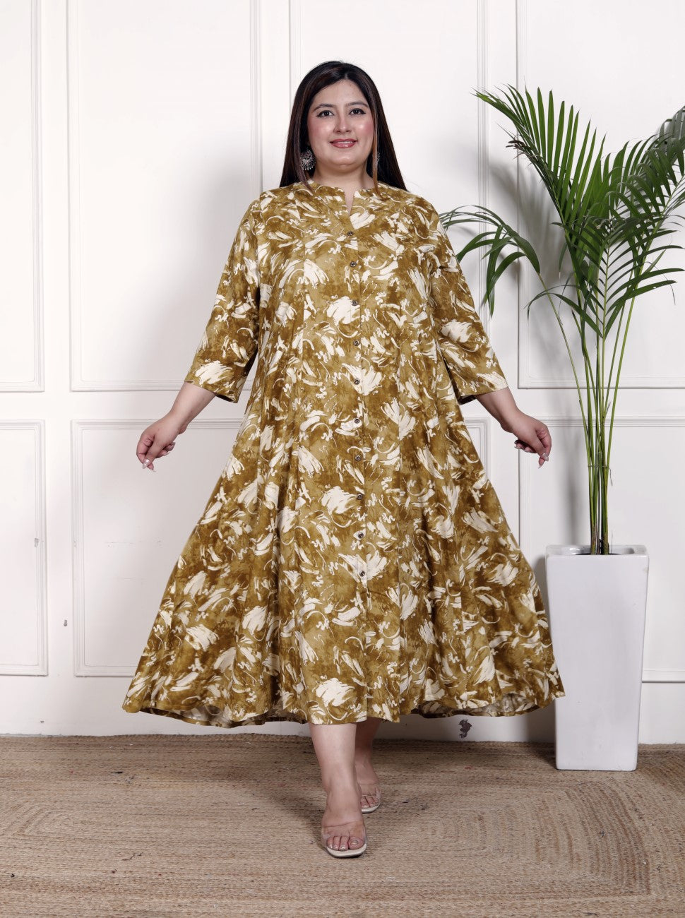 Plus Size Mustard Cotton Blend  Goldn Print  Aline Kurta-4100051