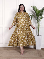 Plus Size Mustard Cotton Blend  Goldn Print  Aline Kurta-4100051