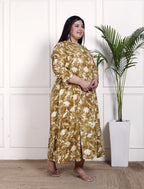 Plus Size Mustard Cotton Blend  Goldn Print  Aline Kurta-4100051