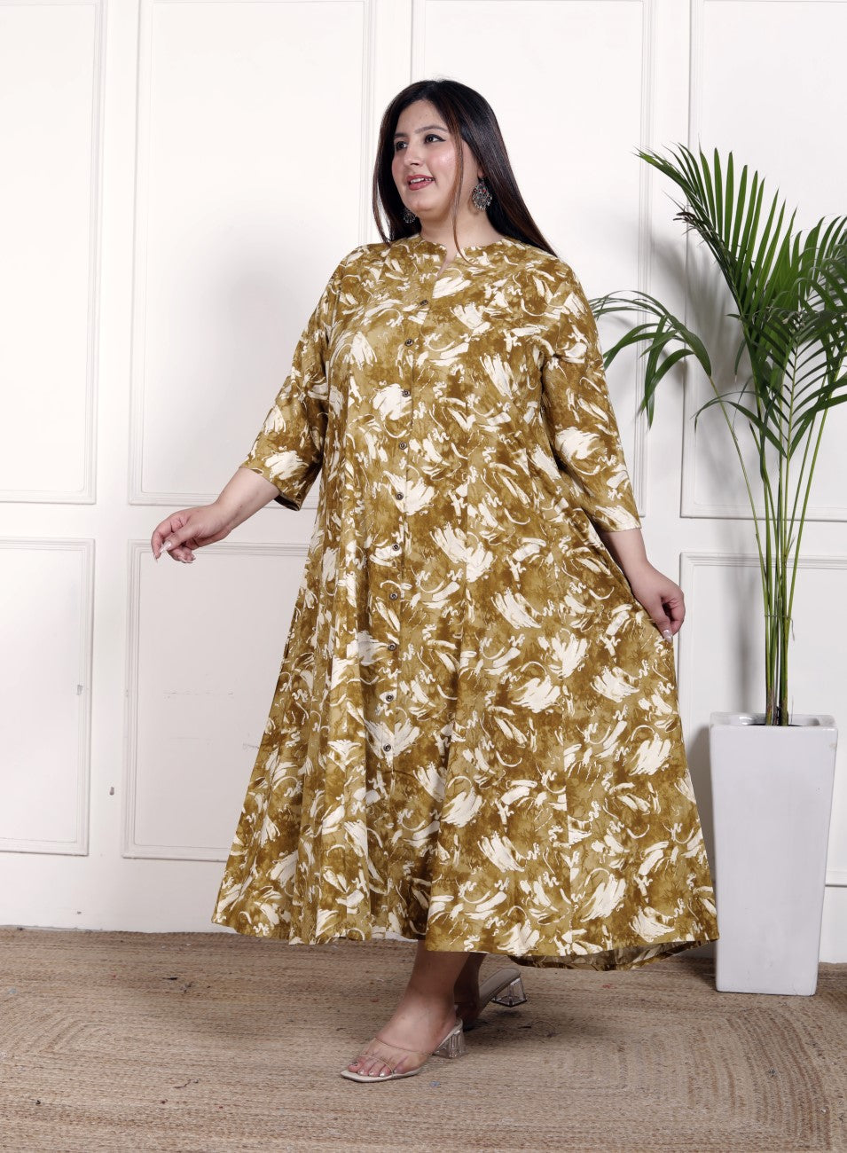 Plus Size Mustard Cotton Blend  Goldn Print  Aline Kurta-4100051
