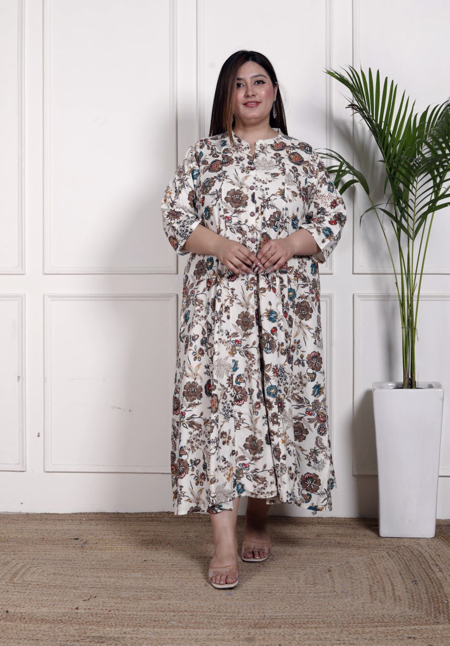 Plus Size Off White Cotton Blend  Goldn Print  Aline Kurta-4100052 Secondary image