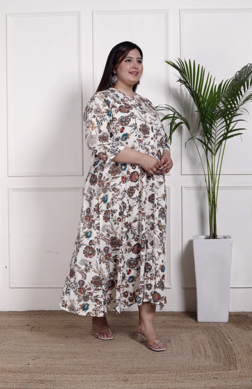 Plus Size Off White Cotton Blend  Goldn Print  Aline Kurta-4100052