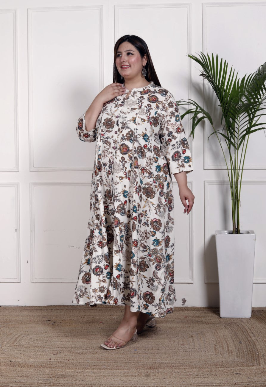 Plus Size Off White Cotton Blend  Goldn Print  Aline Kurta-4100052