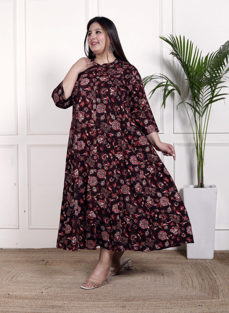 Plus Size Purple Cotton Blend  Goldn Print  Aline Kurta-4100053