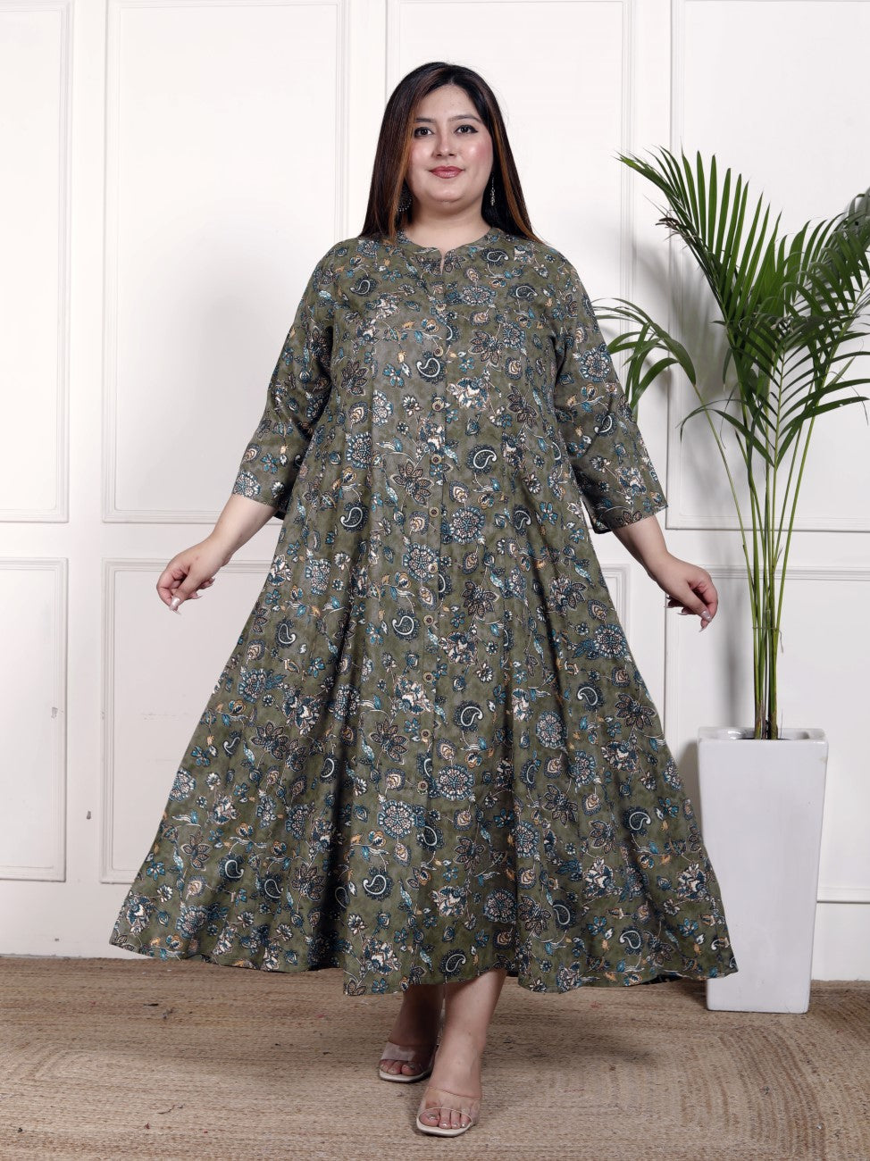 Plus Size Green Cotton Blend  Goldn Print  Aline Kurta-4100054 Main image