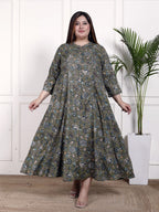 Plus Size Green Cotton Blend  Goldn Print  Aline Kurta-4100054