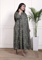 Plus Size Green Cotton Blend  Goldn Print  Aline Kurta-4100054