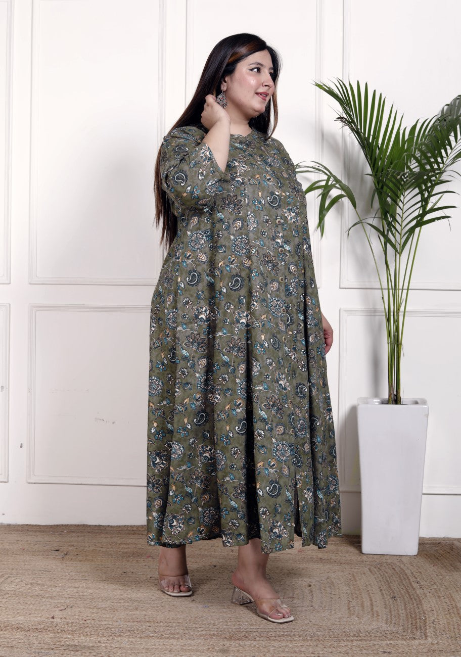 Plus Size Green Cotton Blend  Goldn Print  Aline Kurta-4100054