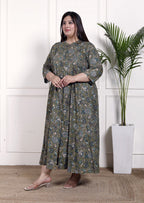 Plus Size Green Cotton Blend  Goldn Print  Aline Kurta-4100054