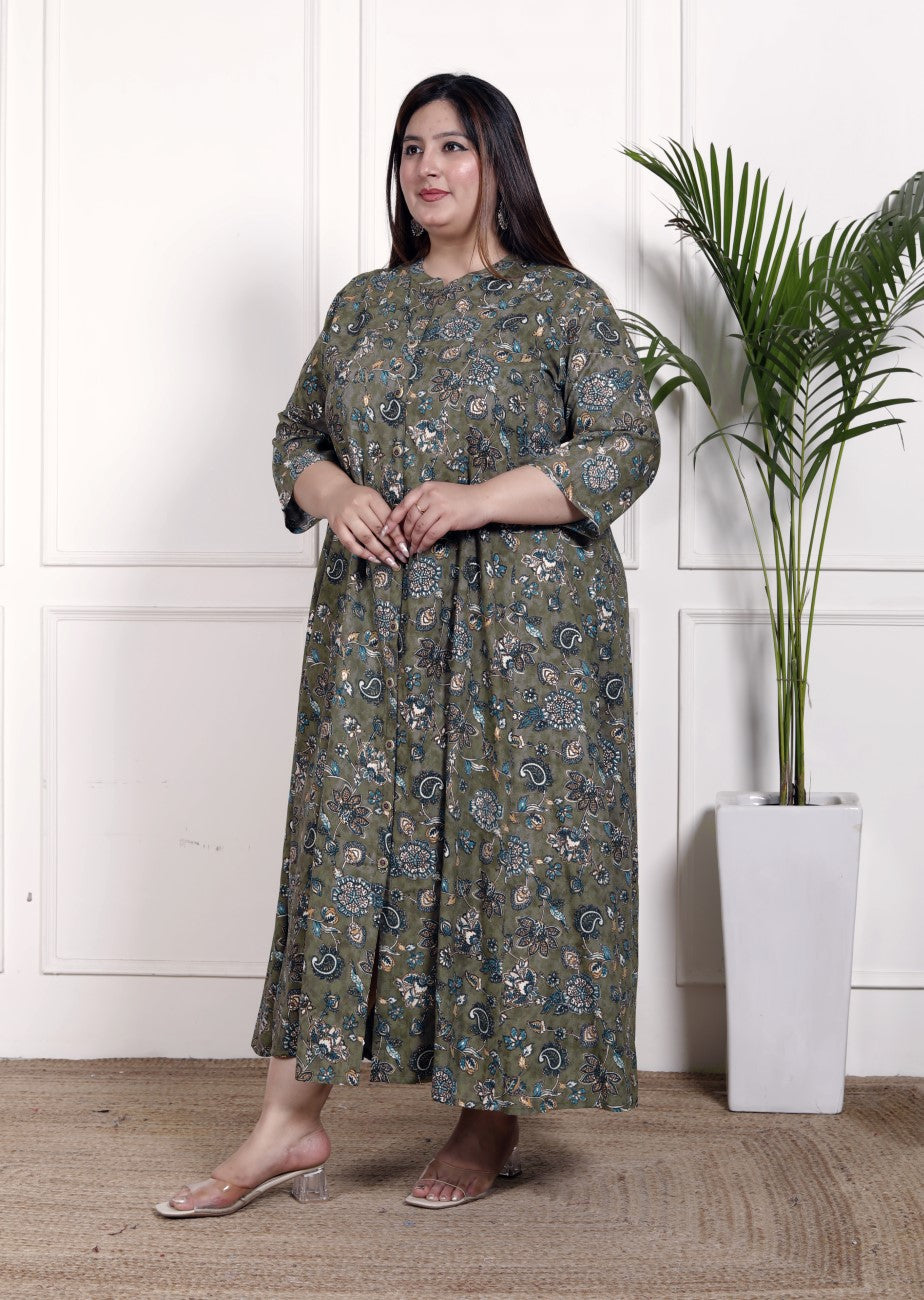 Plus Size Green Cotton Blend  Goldn Print  Aline Kurta-4100054