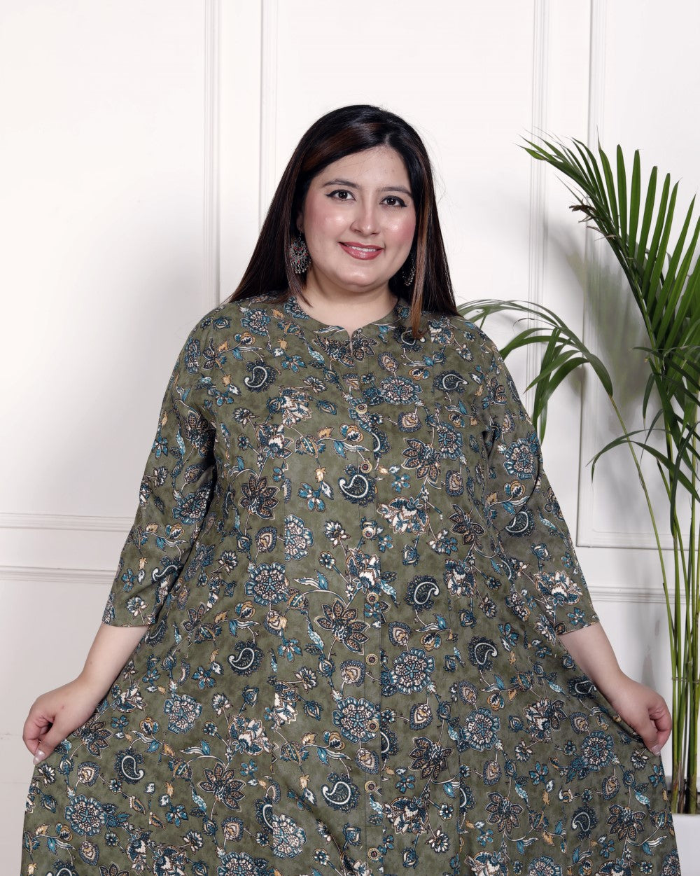 Plus Size Green Cotton Blend  Goldn Print  Aline Kurta-4100054
