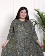 Plus Size Green Cotton Blend  Goldn Print  Aline Kurta-4100054