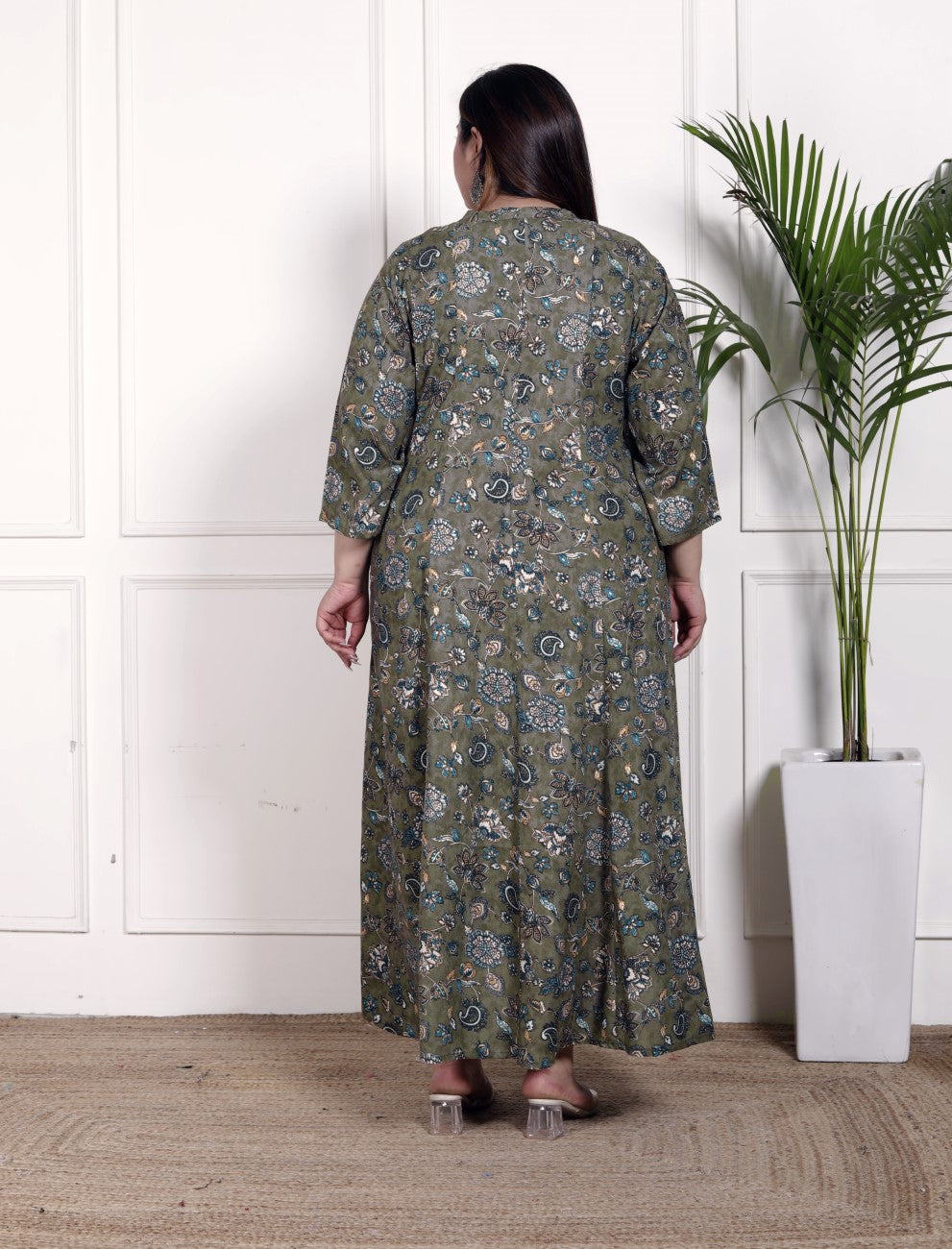 Plus Size Green Cotton Blend  Goldn Print  Aline Kurta-4100054