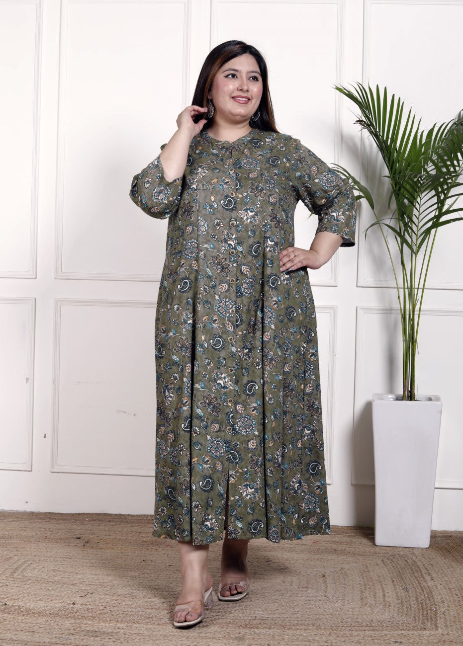 Plus Size Green Cotton Blend  Goldn Print  Aline Kurta-4100054