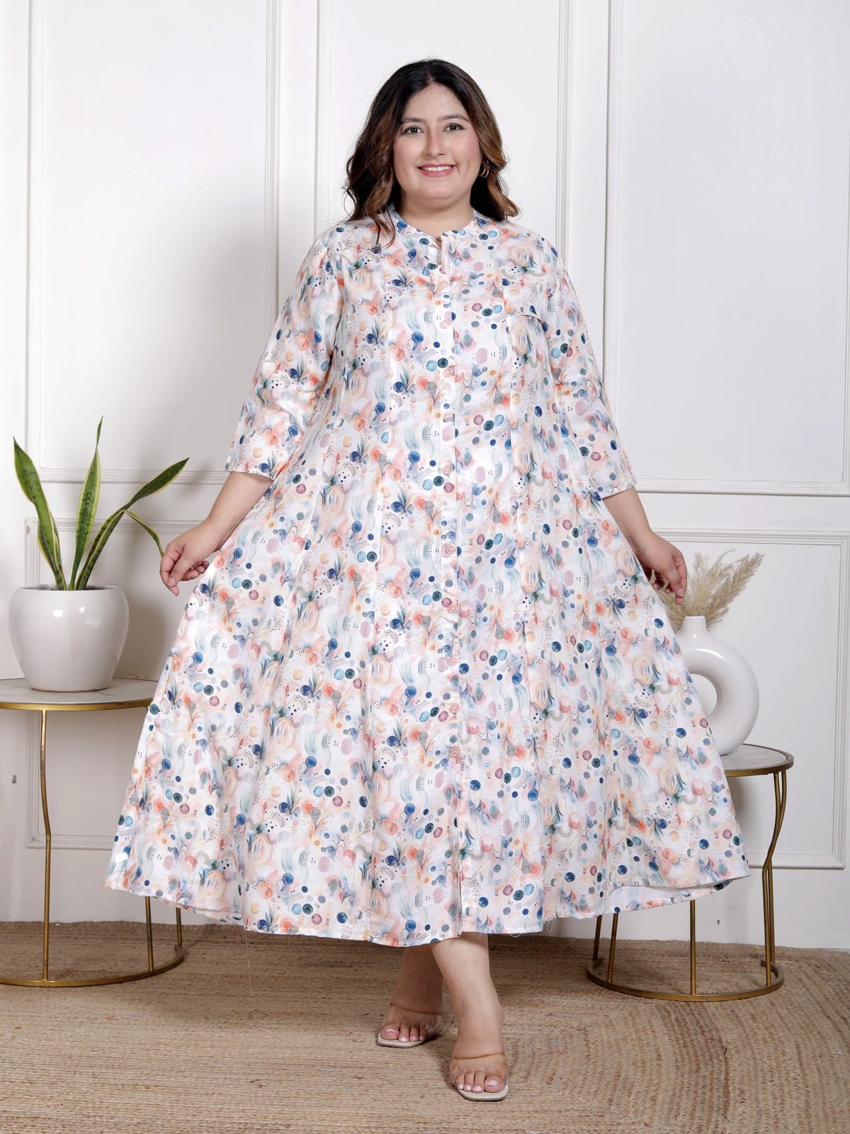 Plus Size White Cotton Blend  Goldn Print  Aline Kurta-4100055