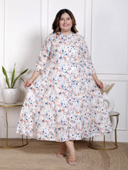 Plus Size White Cotton Blend  Goldn Print  Aline Kurta-4100055