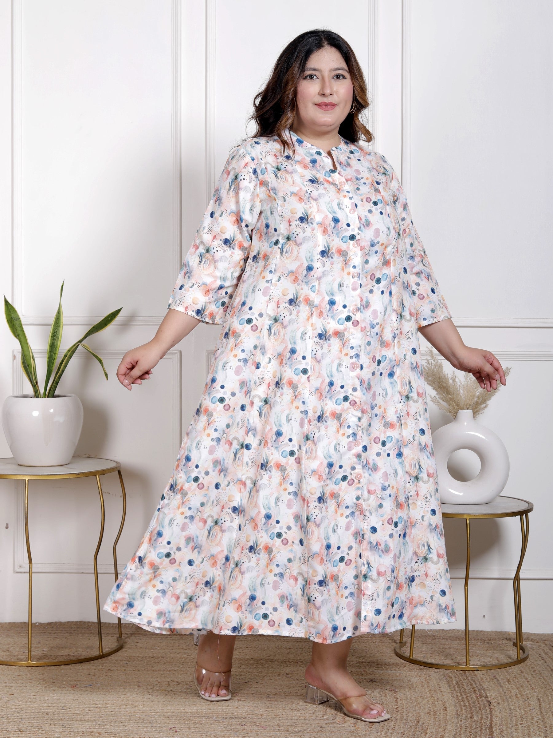 Plus Size White Cotton Blend  Goldn Print  Aline Kurta-4100055