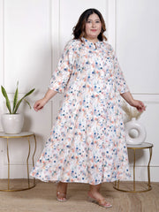 Plus Size White Cotton Blend  Goldn Print  Aline Kurta-4100055