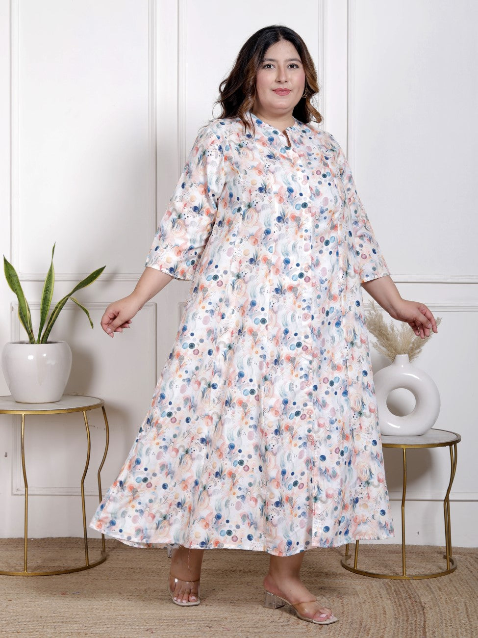 Plus Size White Cotton Blend  Goldn Print  Aline Kurta-4100055