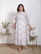 Plus Size White Cotton Blend  Goldn Print  Aline Kurta-4100055