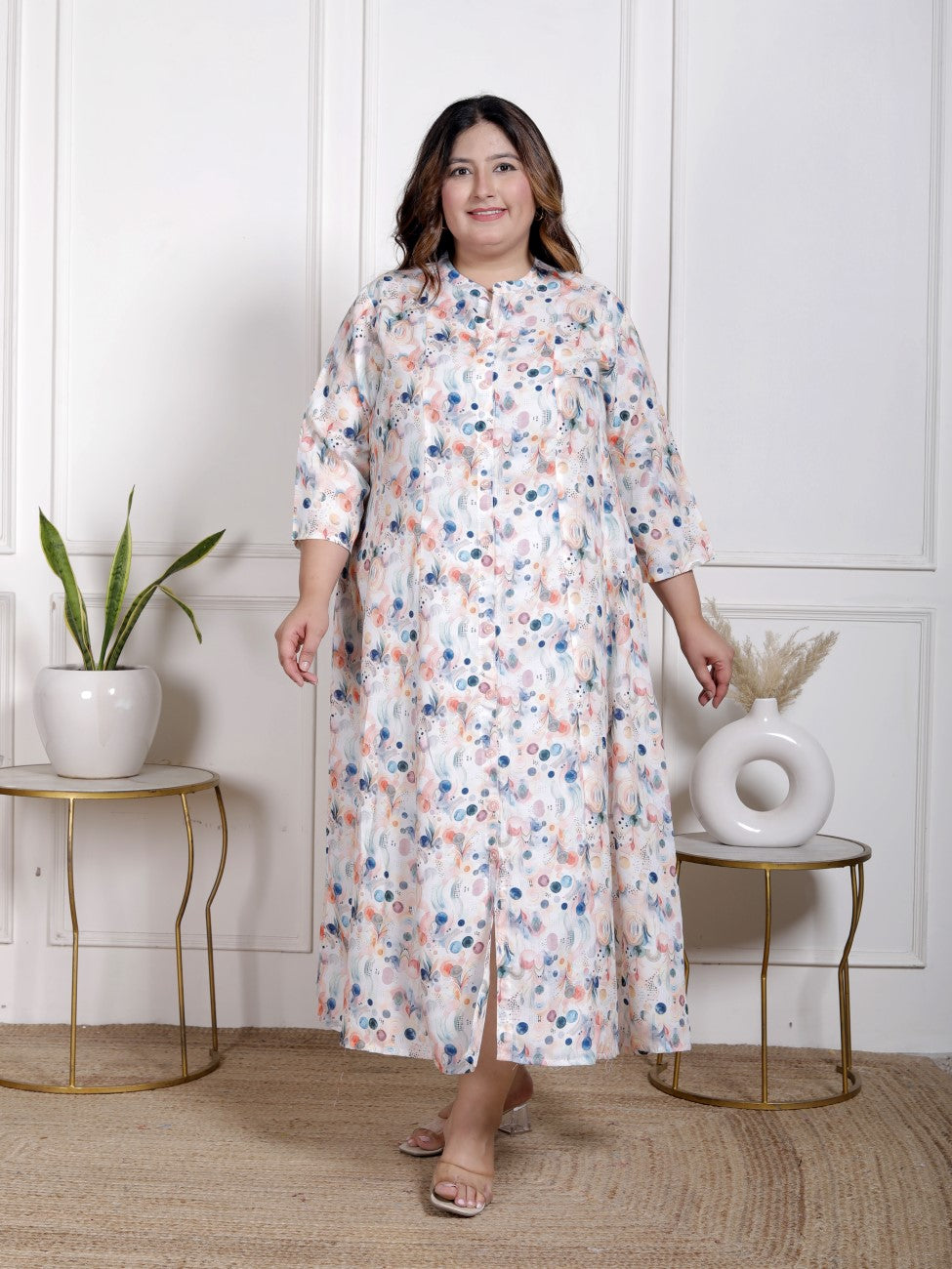 Plus Size White Cotton Blend  Goldn Print  Aline Kurta-4100055