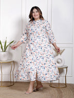 Plus Size White Cotton Blend  Goldn Print  Aline Kurta-4100055