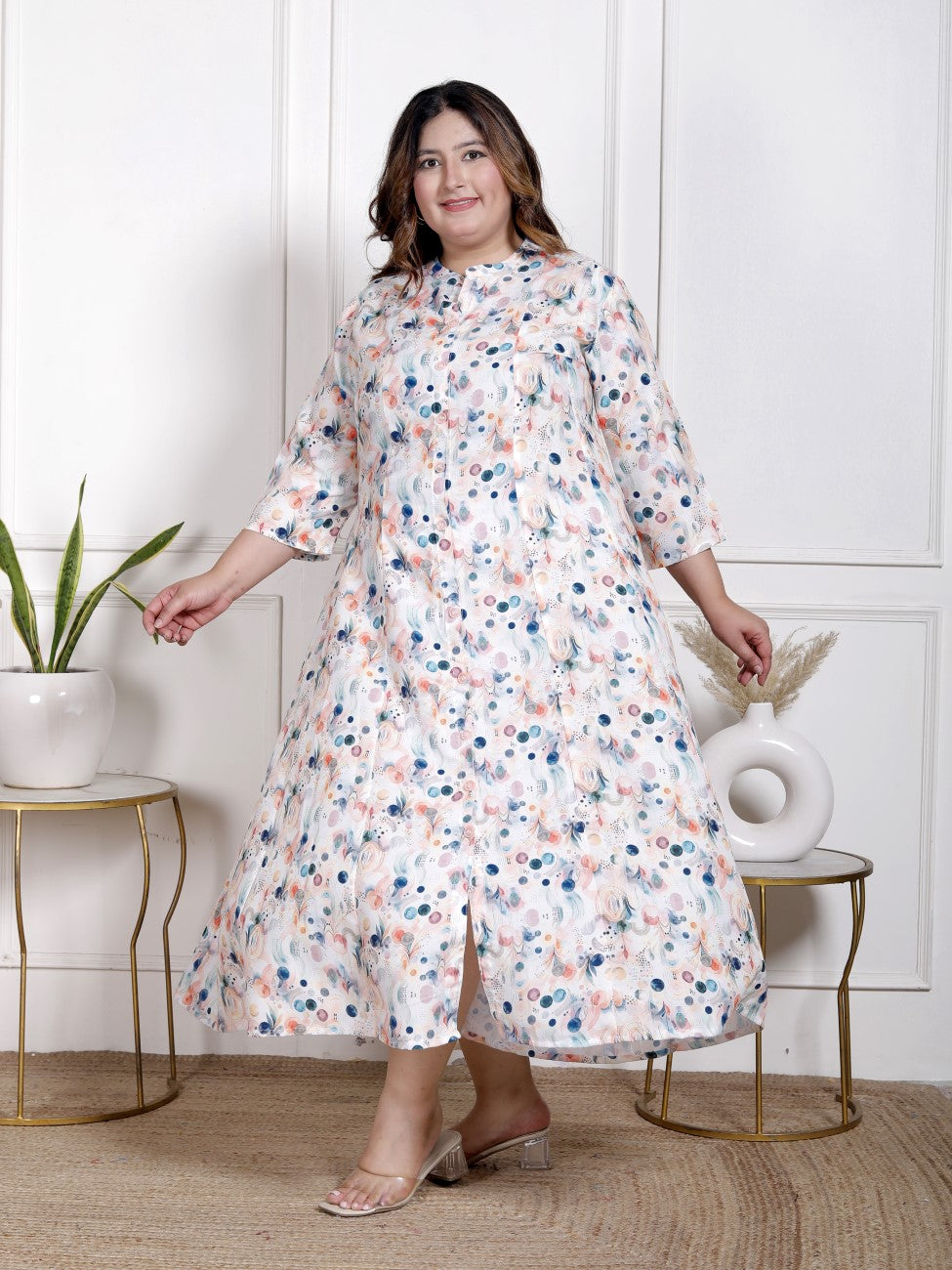 Plus Size White Cotton Blend  Goldn Print  Aline Kurta-4100055