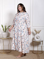 Plus Size White Cotton Blend  Goldn Print  Aline Kurta-4100055