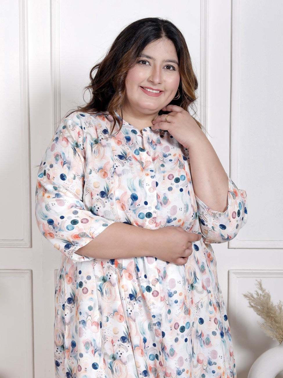 Plus Size White Cotton Blend  Goldn Print  Aline Kurta-4100055