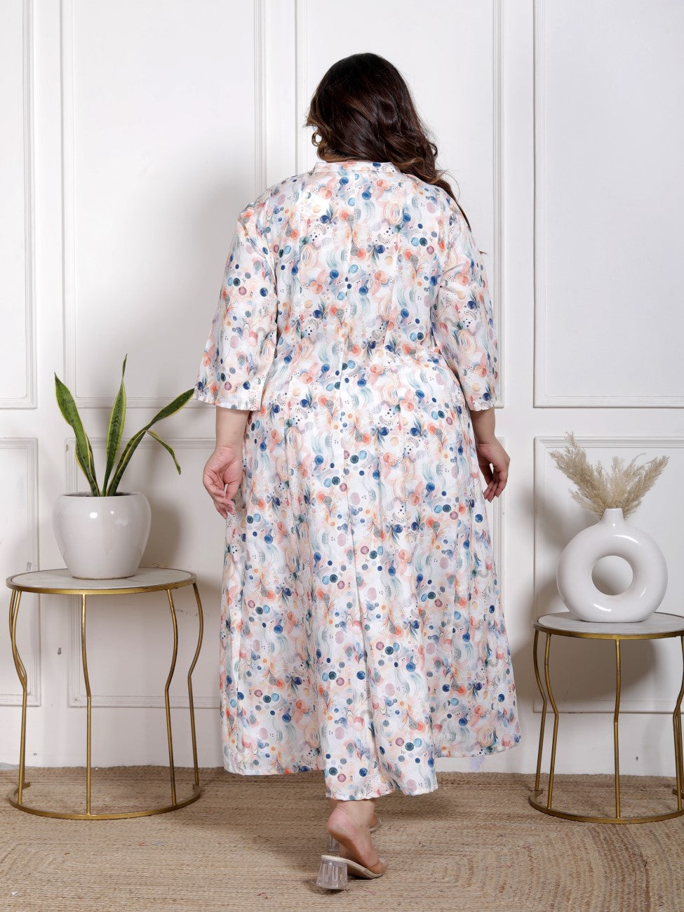 Plus Size White Cotton Blend  Goldn Print  Aline Kurta-4100055